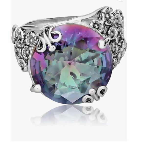 WOW~12.5 Ct. Round Mystic Topal Bold Floral Design Ring~925SS~Sz 9 - Picture 7 of 7